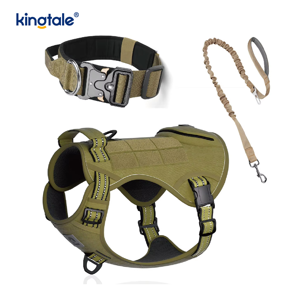 Heavy Duty Tactical Dog Collar Leash Harness Set Para sa Malaking Aso